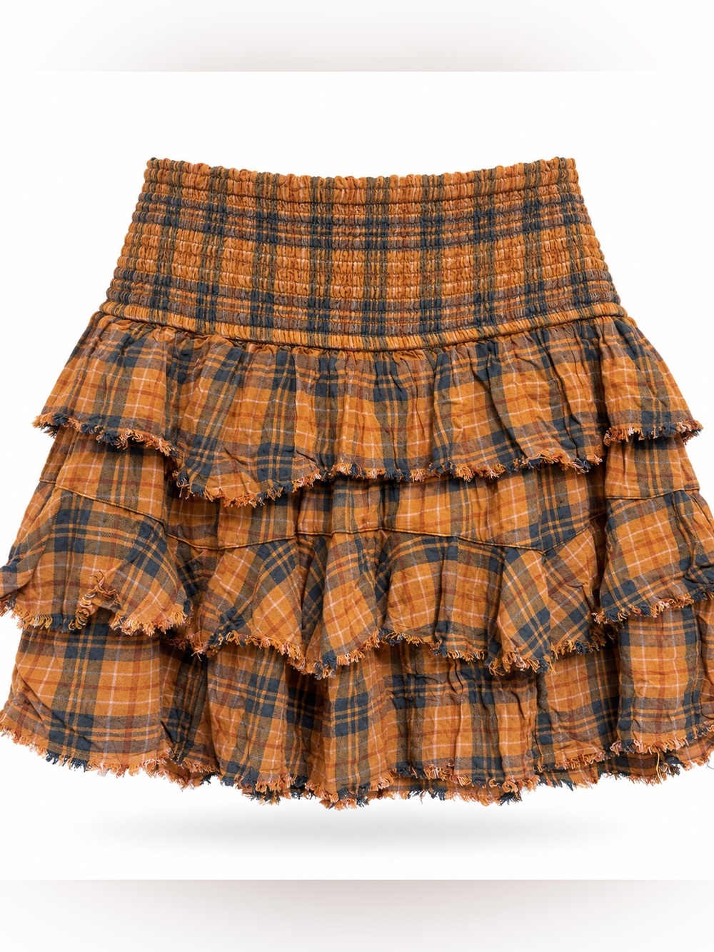 Free People Rust and Navy Plaid Tiered Ruffle Mini Skirt